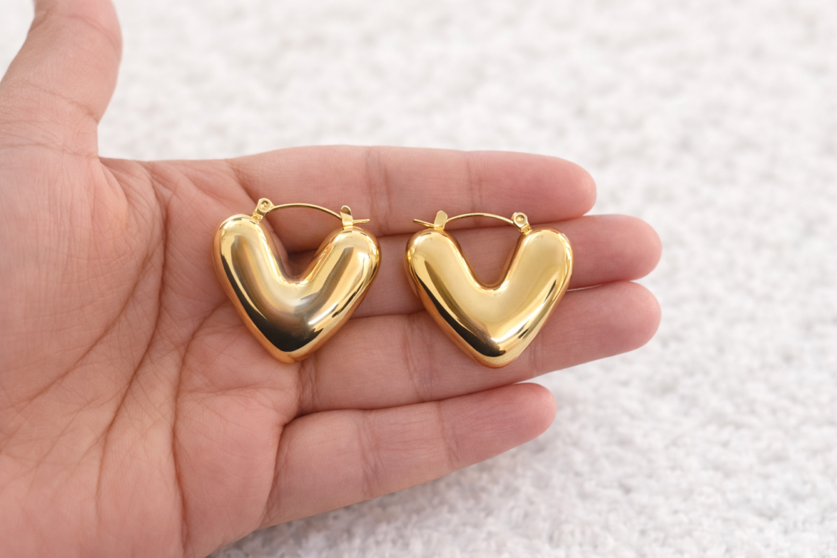 Puffy Heart Gold Hoop Earrings - Image 2