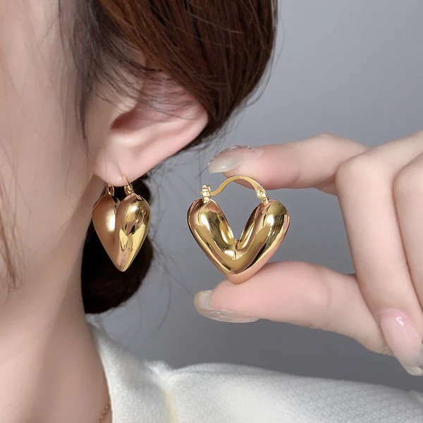 Puffy Heart Gold Hoop Earrings - Image 3