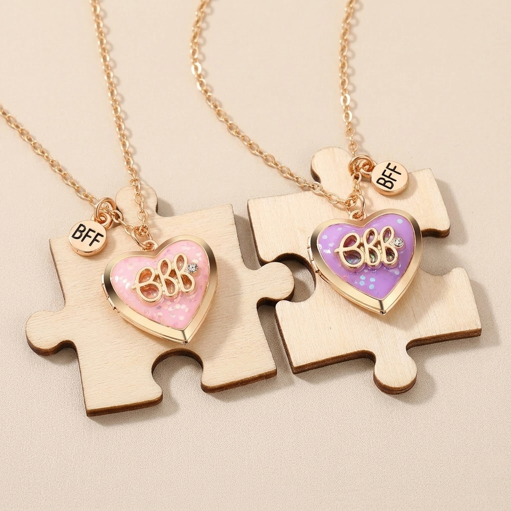 BFF Heart Photo Locket Necklace Set (Purple & Pink)