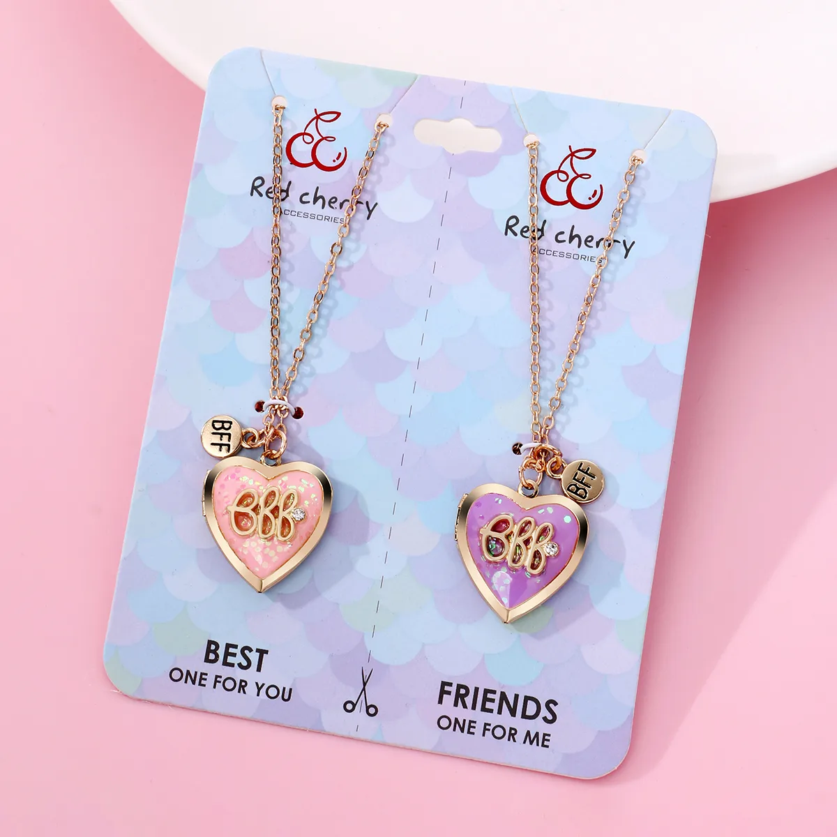BFF Heart Photo Locket Necklace Set (Purple & Pink) - Image 4