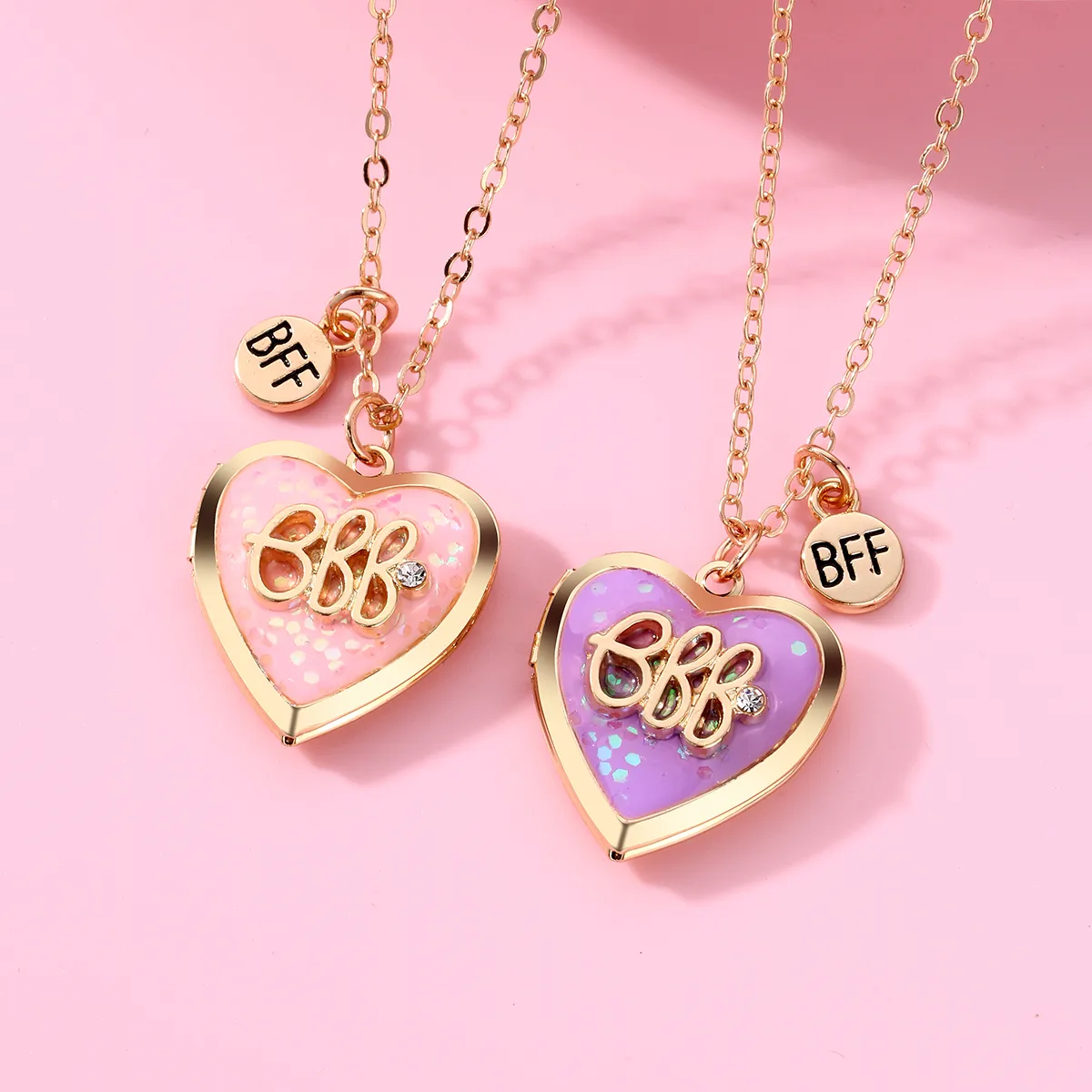 BFF Heart Photo Locket Necklace Set (Purple & Pink) - Image 3