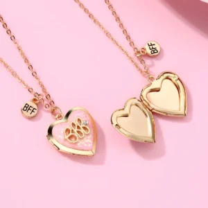 BFF Heart Photo Locket Necklace Set (Purple & Pink)