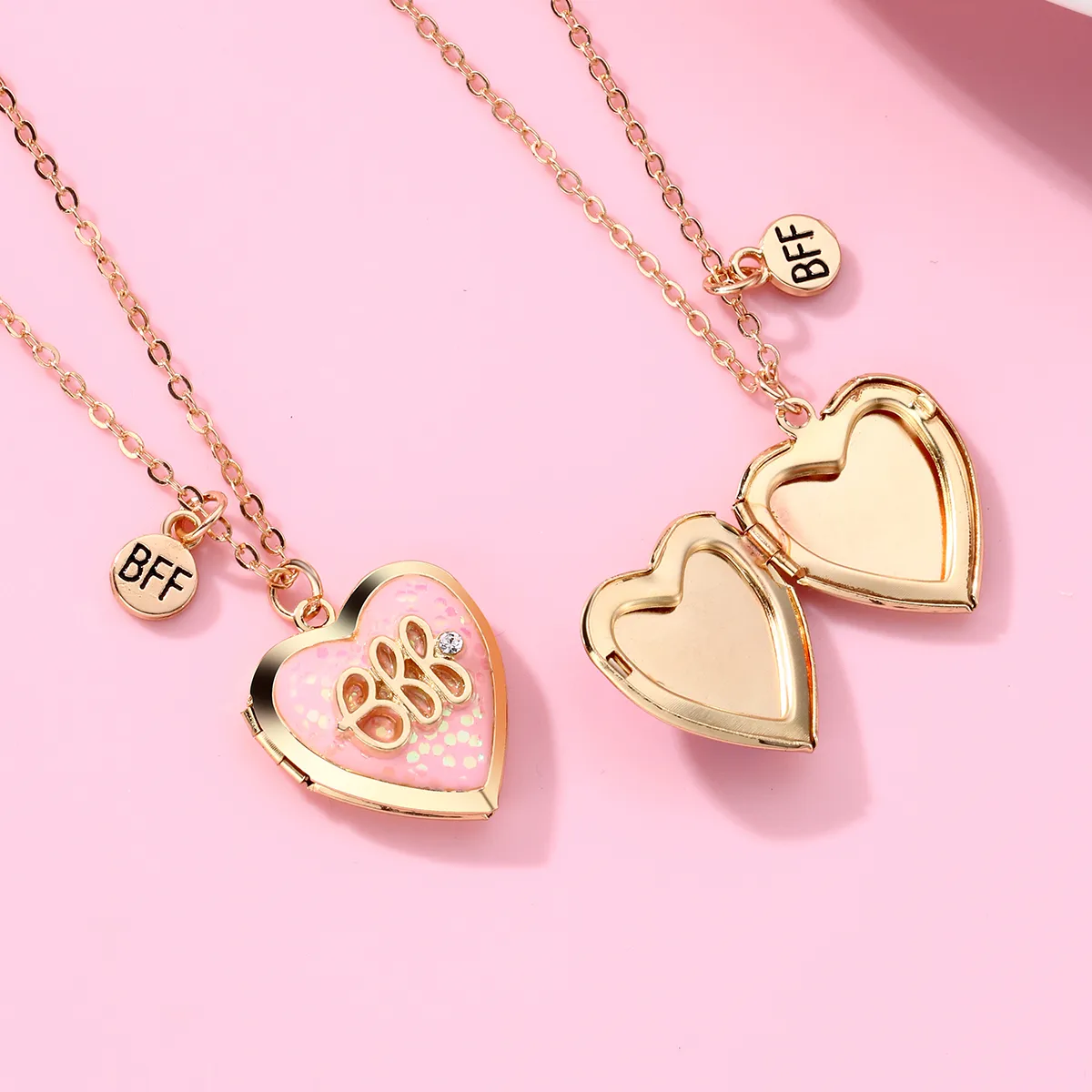 BFF Heart Photo Locket Necklace Set (Purple & Pink) - Image 2